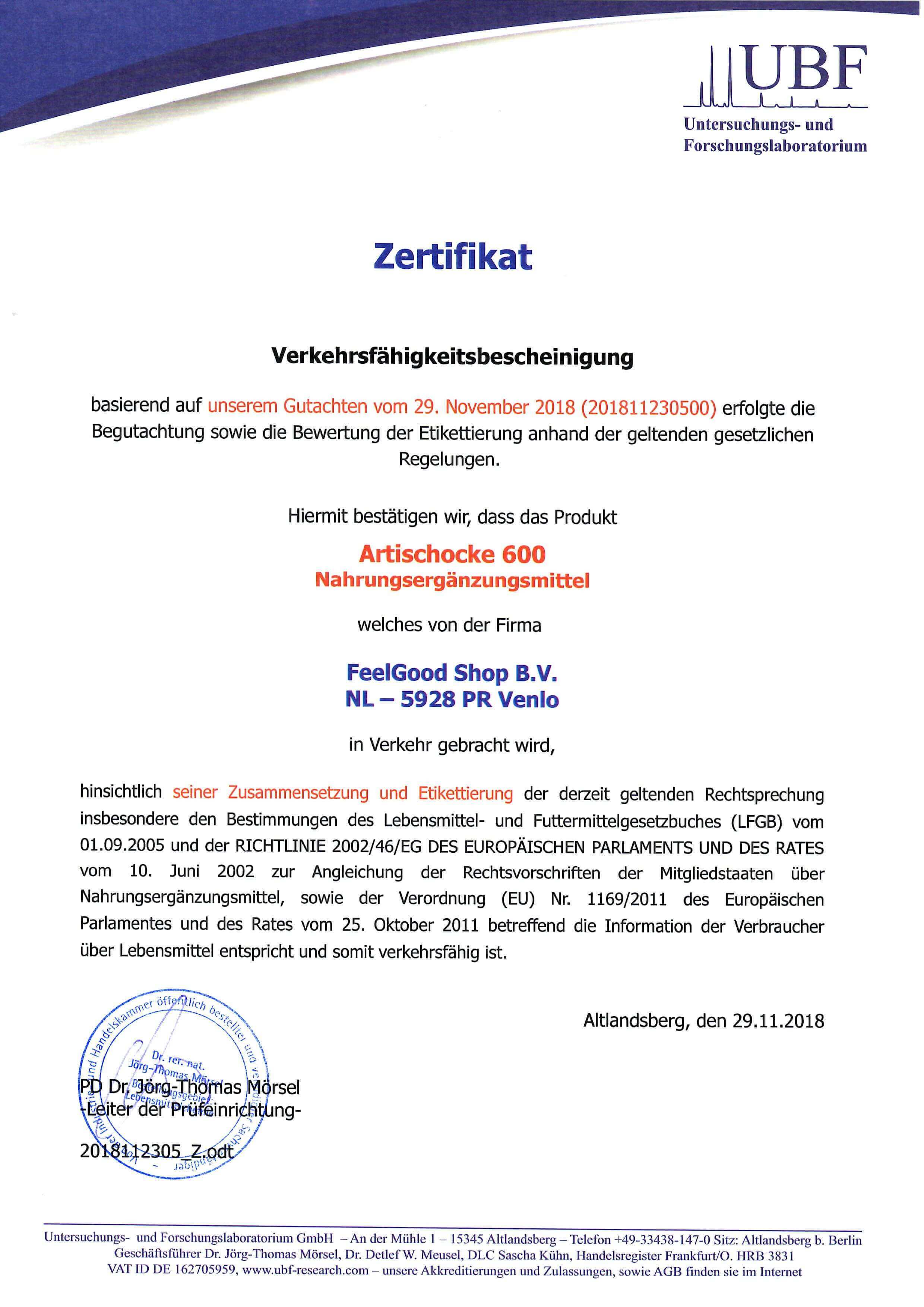 ARTISCHOCKE 600 Zertifikat